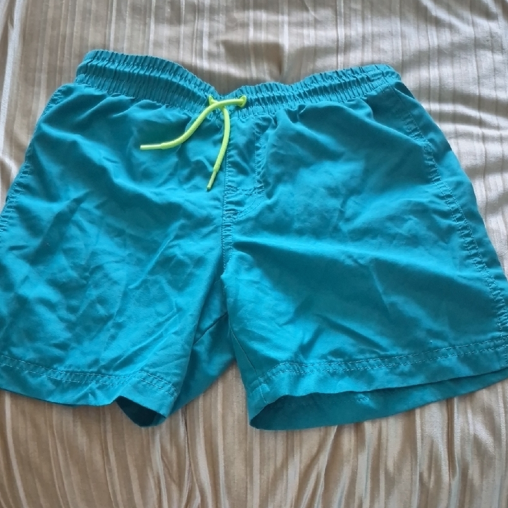 Men's Aqua Blue Swim Trunks with Neon Drawstring